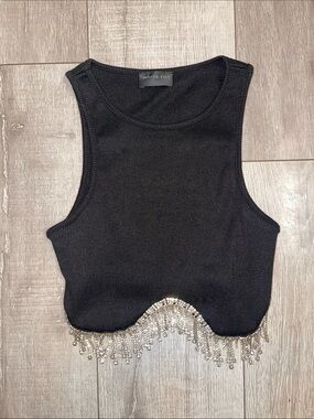 White Fox jewel detail Hem Black Ribbed Crop Tank Top Size XS- never worn!